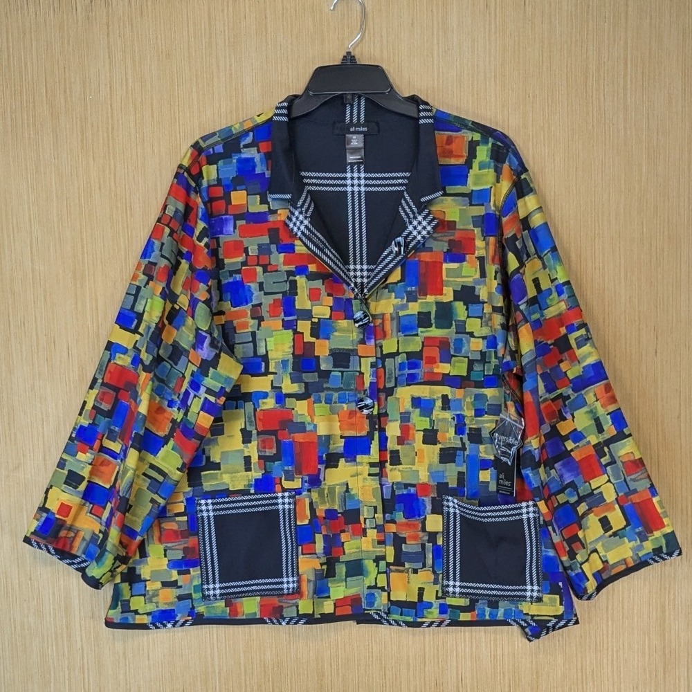 Ali Miles Maximalism Abstract Artsy Reversible Jacket Size 3X Colorful Plaid